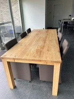Massief grenen tafel met stoelen op wieltjes, Huis en Inrichting, Tafels | Eettafels, Ophalen, 100 tot 150 cm, Landelijk tot Modern