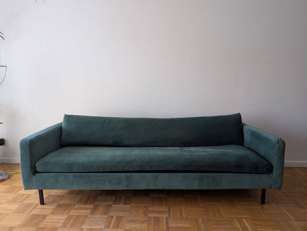 Velvet Sofa - Gordon - Groen - Rechte zwarte poten, Enlèvement ou Envoi, 200 à 250 cm, Banc droit, Utilisé