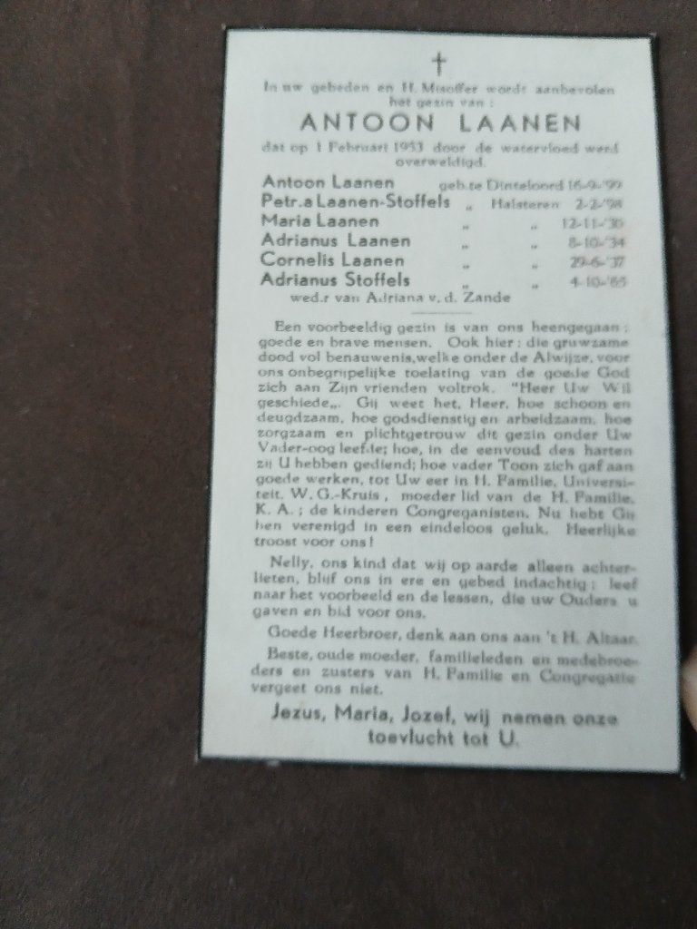 6 pers zelfde gezin overl tengevolge dijkbreuk 1 feb 1953, Verzamelen, Bidprentjes en Rouwkaarten, Verzenden, Bidprentje