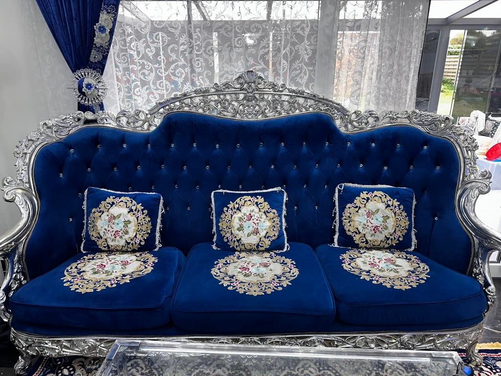 3x Luxe Barok Stijl Sofa –Blauw Fluweel met Zilveren Details, Huis en Inrichting, Zetels | Zetels, Ophalen, Zo goed als nieuw