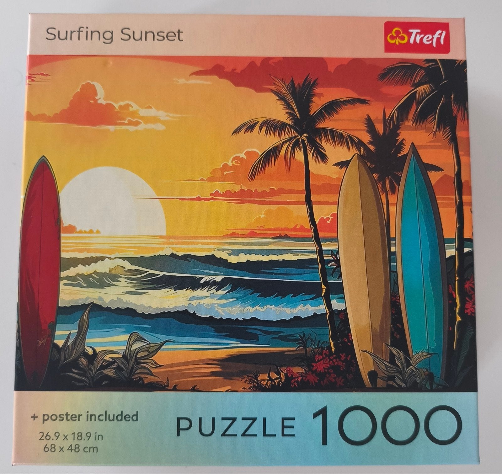 Puzzle 1000 pièces Tefl Surfing Sunset, Enlèvement ou Envoi, 500 à 1500 pièces, Comme neuf, Puzzle