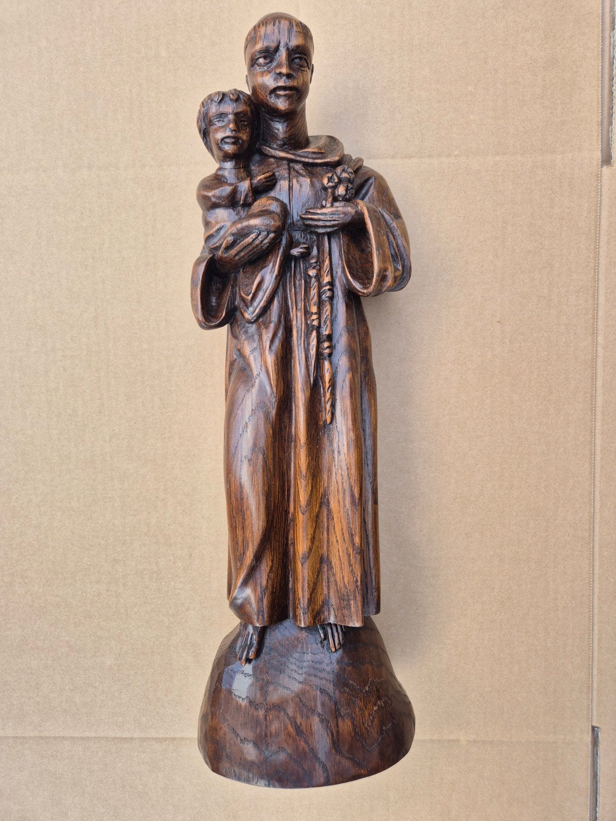 Houten religeus beeld met sokkel 75 cm.Van Den Abeele, Antiek en Kunst, Verzenden