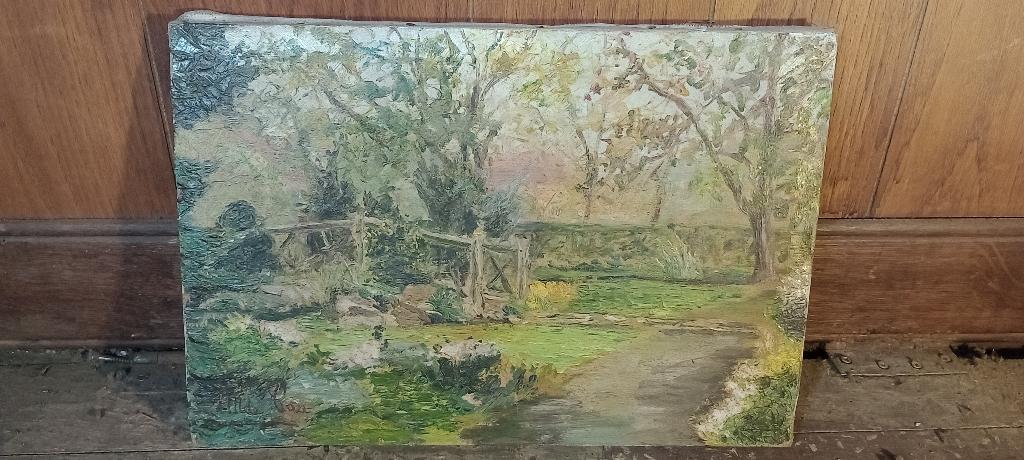 Peinture signée, "Jardin en été", 40x27, n78, Antiquités & Art, Art | Peinture | Classique, Enlèvement ou Envoi, Peinture à l'huile