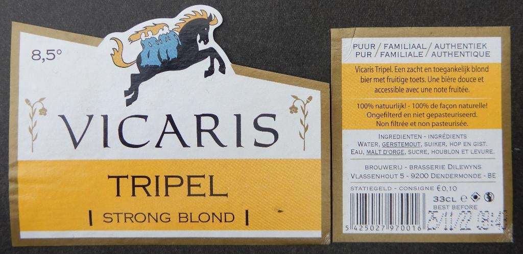 Bieretiket Vicaris tripel Brouwerij Dilewyns (12j8), Verzamelen, Verzenden, Gebruikt