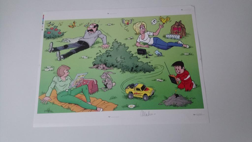 kiekeboe zeefdruk familie op grasveld 100 ex., Ophalen of Verzenden, Overige figuren, Zo goed als nieuw, Plaatje, Poster of Sticker