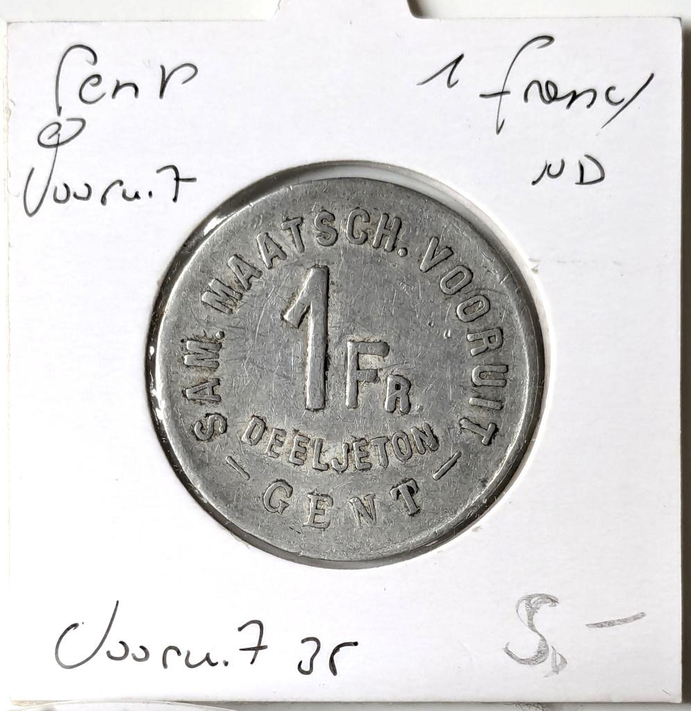 Vooruit Gent-token: 1 frank Deeljeton 1880, Postzegels en Munten, Ophalen of Verzenden, Overige materialen