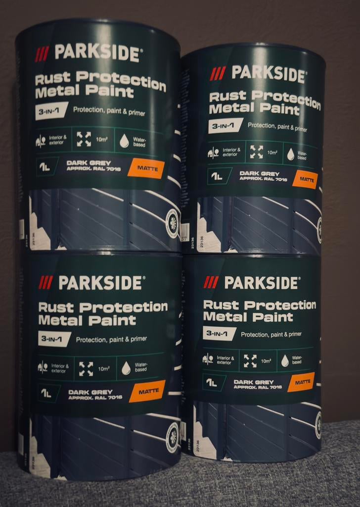 Set van 4 x 1L roestwerende metaallak + penseelset, Doe-het-zelf en Bouw, Verf, Beits en Lak, Minder dan 5 liter, Ophalen of Verzenden