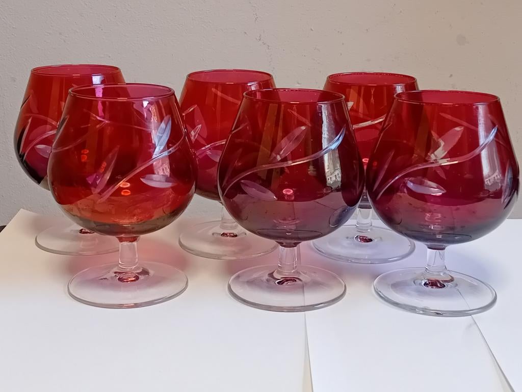 6 Verres à Cognac en verre de Canneberge, Enlèvement ou Envoi, Comme neuf, Verres et Verres à shot