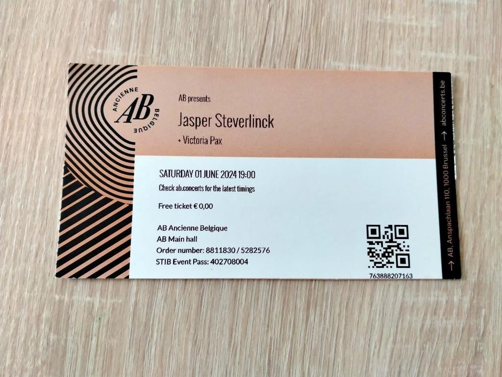 Jasper Steverlinck @AB concertticket (Brussel) 1/6/2024, Ophalen, Gebruikt