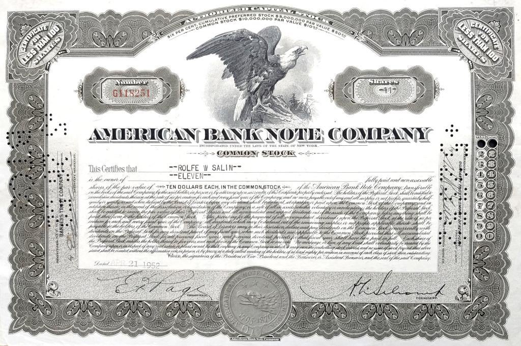 American Bank Note Company 1952, Ophalen of Verzenden, 1950 tot 1970, Certificaat van aandeel