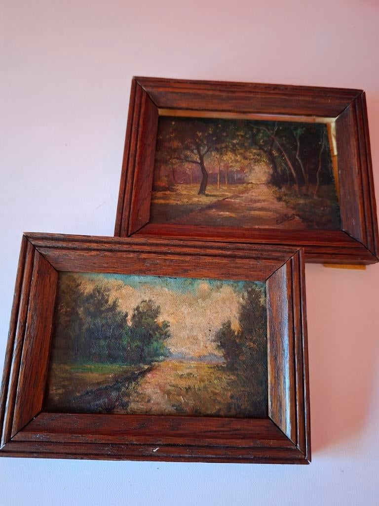 2 oude schilderijtjes br 15 cm  h 10   18cm 14 h, Antiek en Kunst, Ophalen
