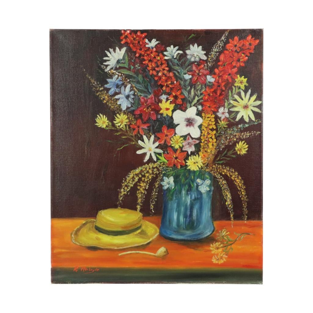 Bloemen met Hoed Stilleven Schilderij Gesigneerd 60x50cm, Ophalen of Verzenden