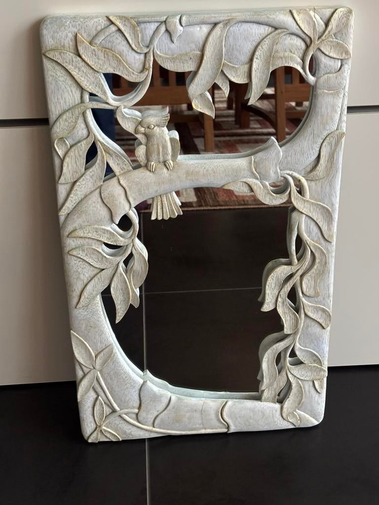 Vintage decoratieve houten spiegel wit met goudaccenten, Ophalen, Minder dan 50 cm, Gebruikt, Minder dan 100 cm