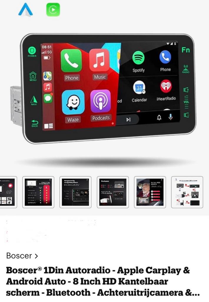 Boscer Apple carplay Android auto 8 inch HD kantelbaar, Auto diversen, Autonavigatie, Ophalen, Zo goed als nieuw