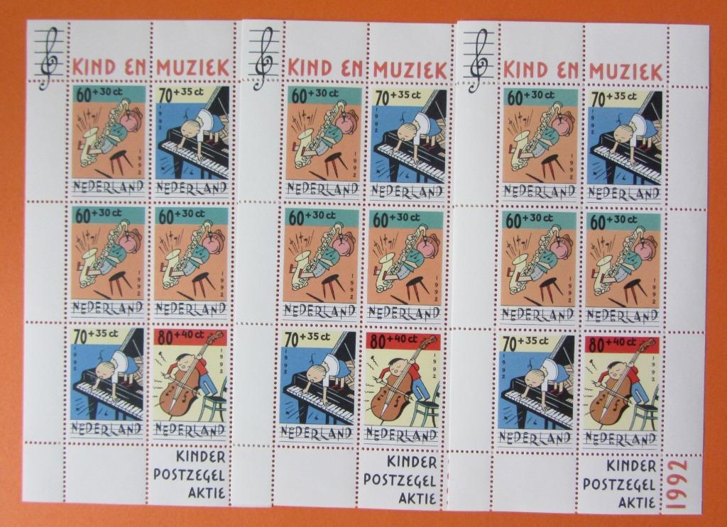 Kinderpostzegel Aktie - Kind en Muziek 1992 (3x) Nederland, Ophalen of Verzenden, Na 1940, Postfris
