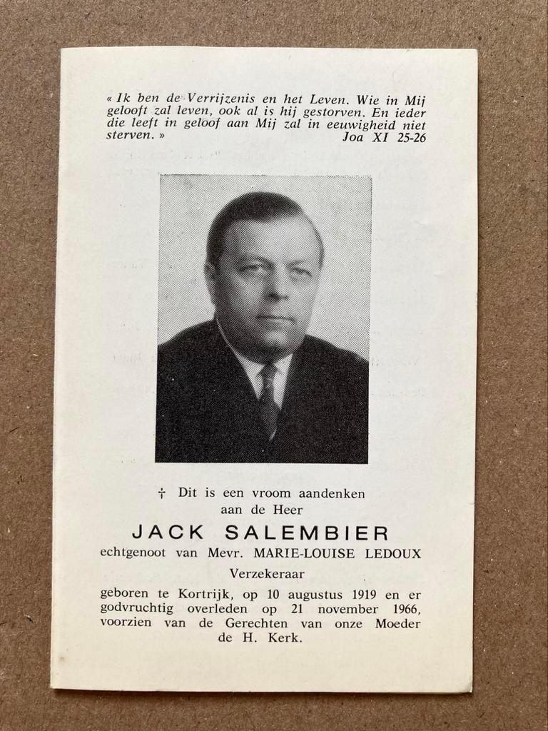 Jack Salembier 1919 - 1966 Kortrijk, Verzamelen, Bidprentjes en Rouwkaarten, Ophalen of Verzenden