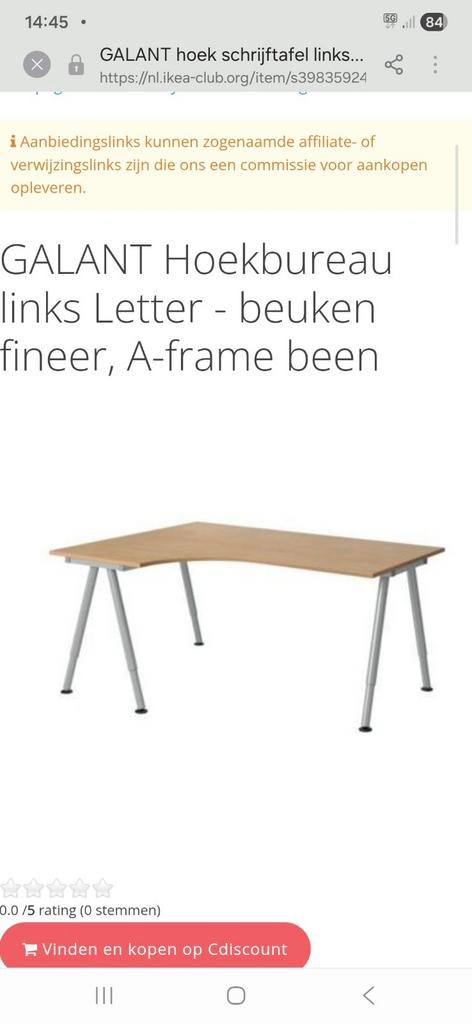 Hoekbureau Ikea Galant, Huis en Inrichting, Bureaus, Ophalen, In hoogte verstelbaar
