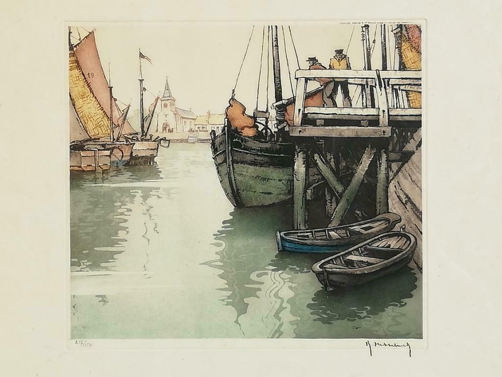 Prachtige grote ets - Roger Hebbelinck - Avond in de haven, Antiek en Kunst, Ophalen