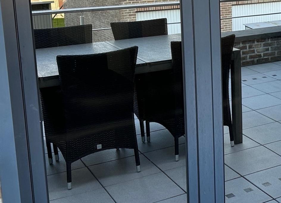 Terrastafel + 6 stoelen + ligbed, Tuin en Terras, Ophalen, Gebruikt, 6 zitplaatsen, Wicker
