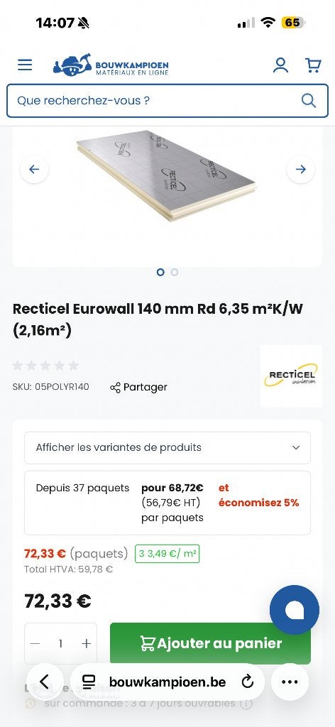 Vend isolation, Enlèvement, Neuf, 12 cm ou plus
