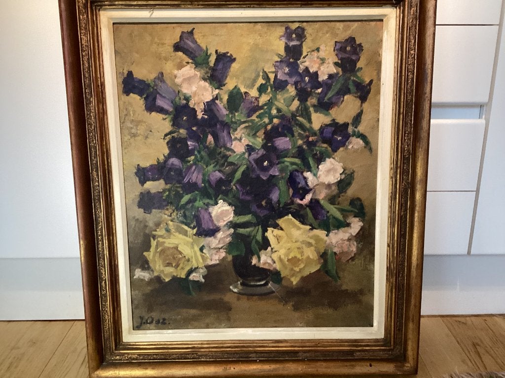 Schilderij  Bloemenvaas , getekend J. Ost. 112/Fa., Antiek en Kunst, Ophalen, Bloemen, Doek