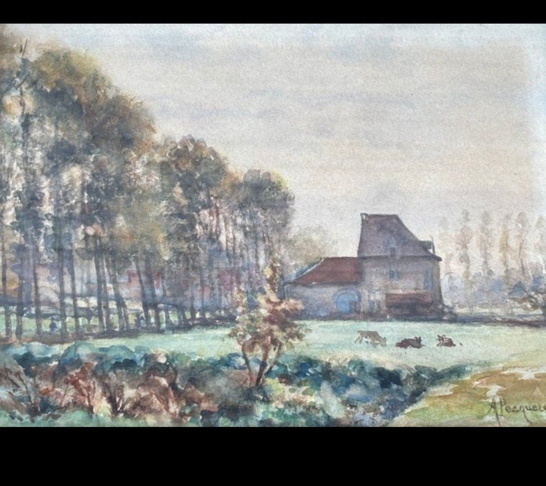 Originele Aquarel 31x24 - A.E. Pecquereau 1831-1917, Ophalen of Verzenden, Gesigneerd, Landschap, Papier