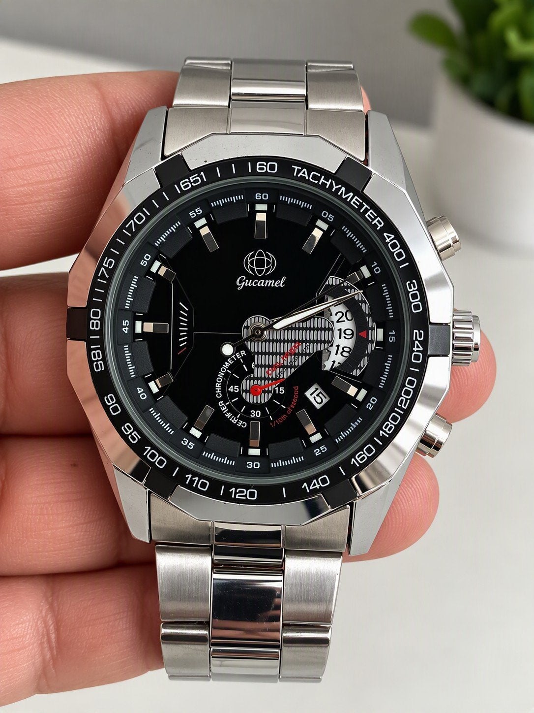 Montre homme Gucamel sport / chronographe – Acier inoxydable, Envoi, Argent