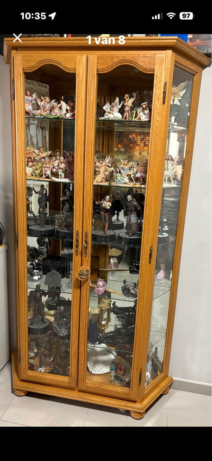 Eiken Vitrine kast, met spiegelwand, afmetingen op vraag, Ophalen, Zo goed als nieuw