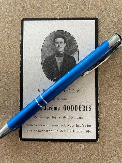 14-18 Soldaat Odilon GODDERIS Gistel gesneuveld Schoorbakke, Verzamelen, Bidprentjes en Rouwkaarten, Ophalen of Verzenden, Bidprentje