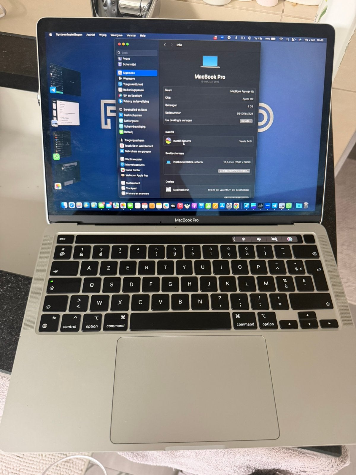 Macbook Pro 13,3” M2 (2022) 8GB RAM 256GB SSD Space Gray, Computers en Software, Apple Macbooks, 256 GB, 8 GB, 13 inch, Ophalen of Verzenden