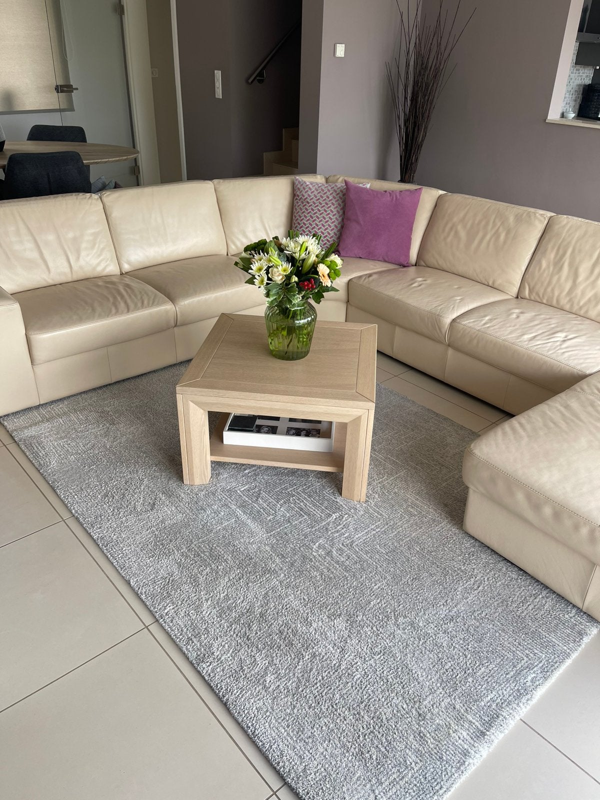 Salon cuir beige + pouf, Enlèvement, Comme neuf, Cuir