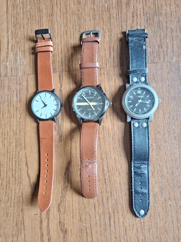3 polshorloges., Handtassen en Accessoires, Horloges | Heren, Overige merken, Leer, Staal, Polshorloge