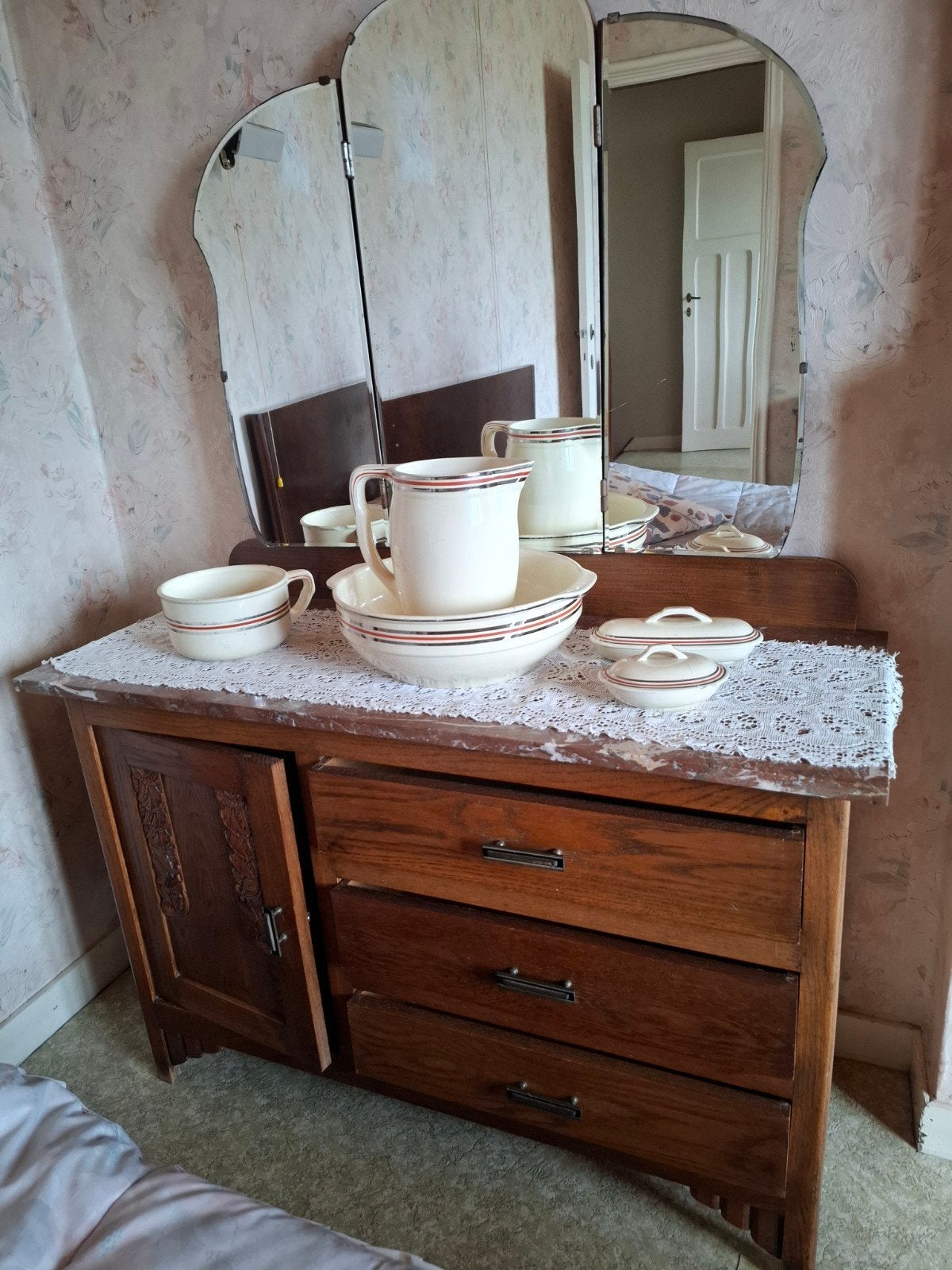 Wascommode / Kaptafel met Marmer & Drieluik (Jaren '20/'30), Huis en Inrichting, Tafels | Kaptafels, Ophalen