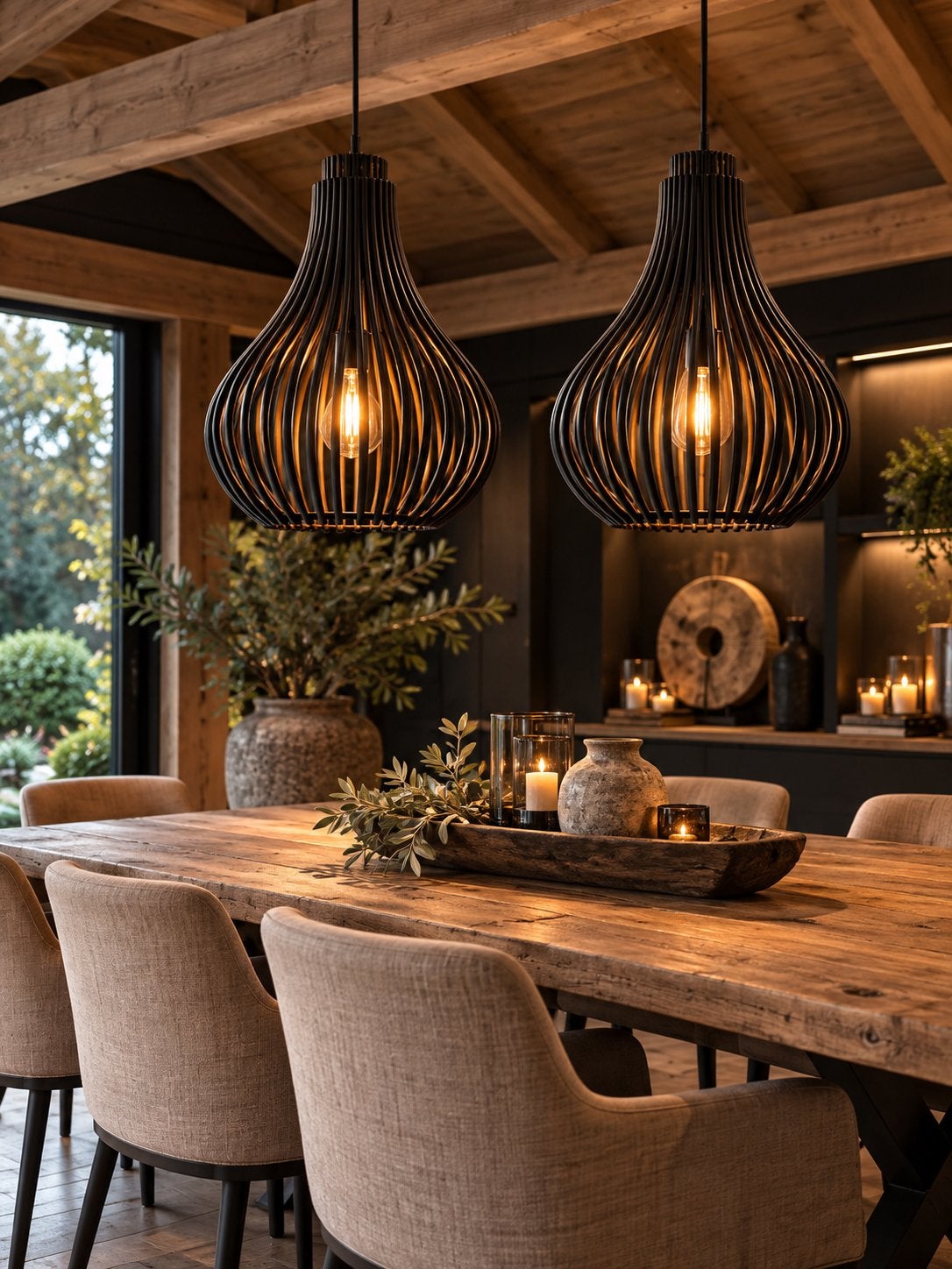 Set van 2 grote zwarte hanglampen – landelijk modern, Enlèvement, Comme neuf, Bois