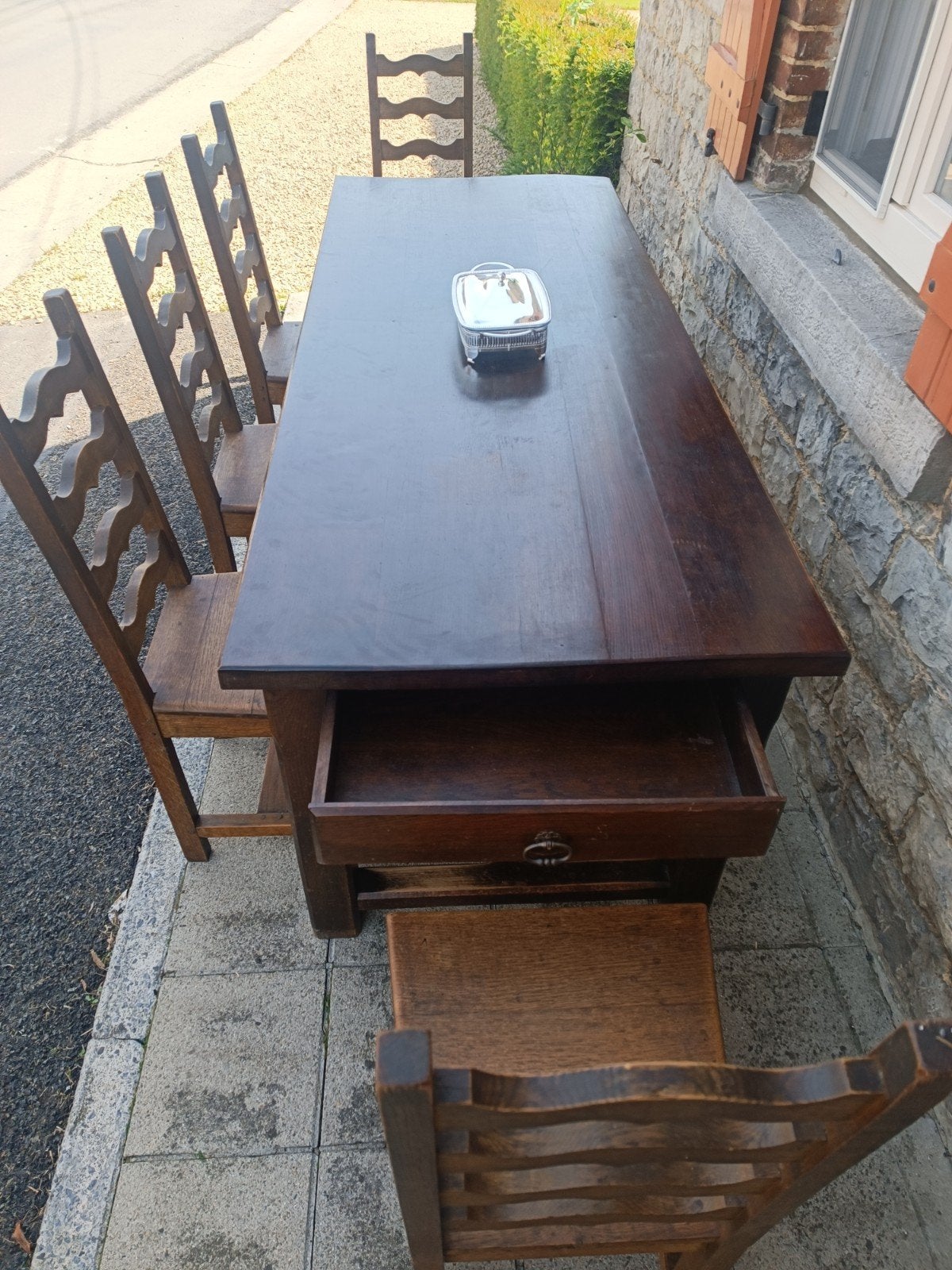 Table de salle à manger et cinq chaises Chêne massif, Enlèvement, Chêne