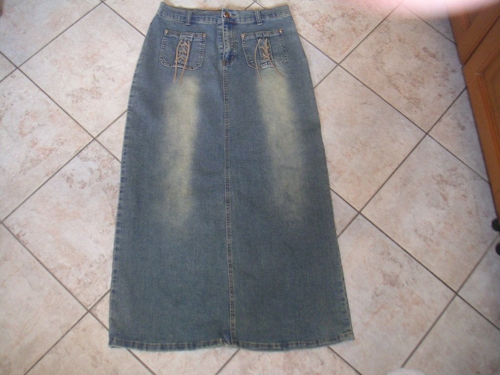 lange jeans rok, Kleding | Dames, Rokken, Ophalen of Verzenden, Zo goed als nieuw, Maat 42/44 (L), Onder de knie