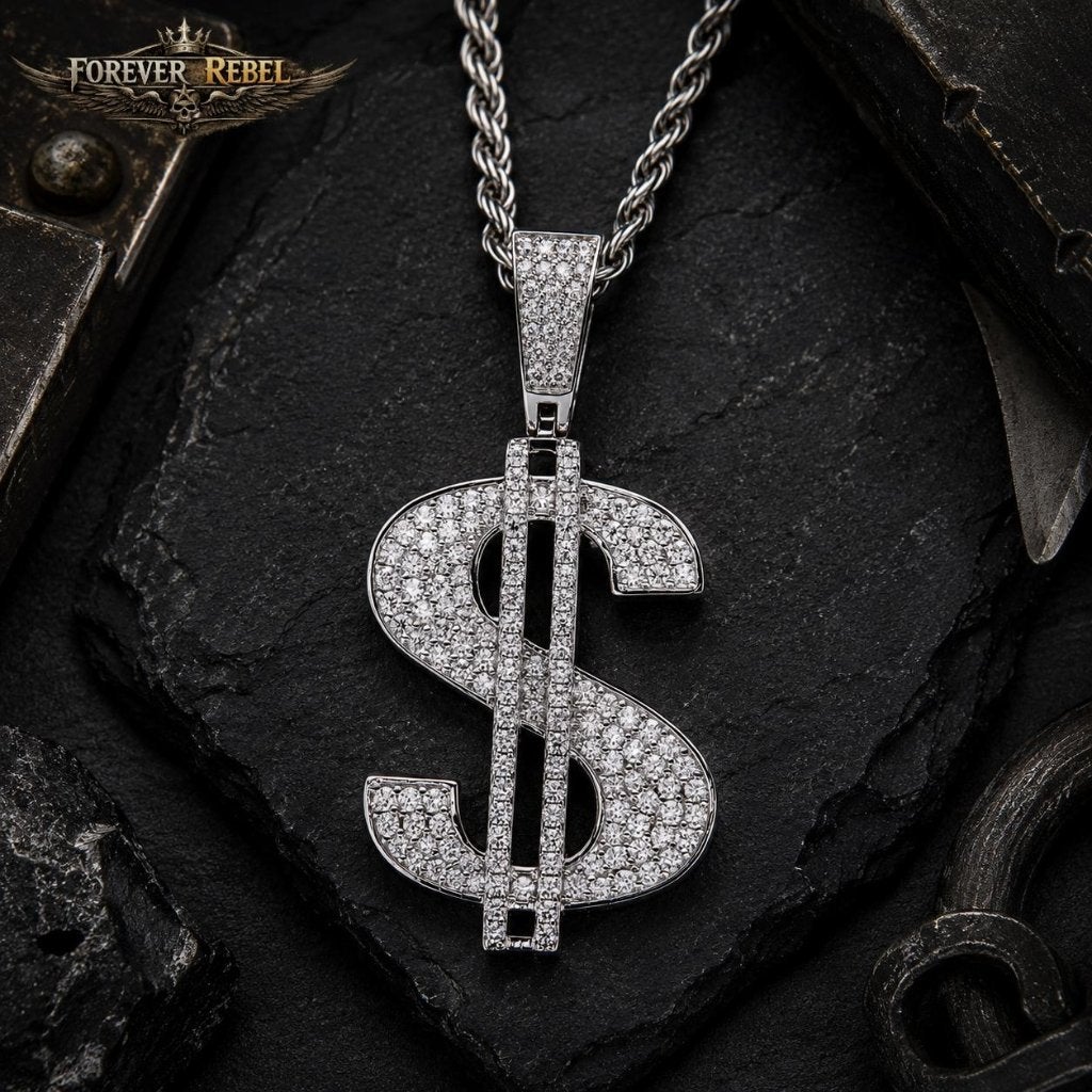 Iced Fortune Dollar hanger 158 moissanite - 925 Zilver, Neuf, Autres représentations, Avec pierre précieuse, Argent