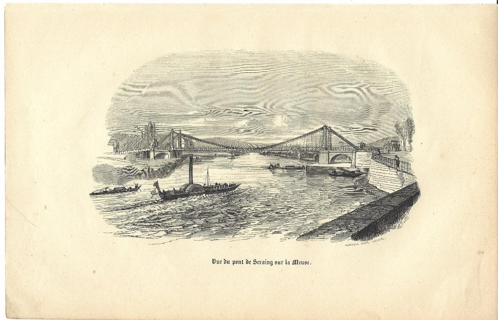 1853 - Seraing / pont sur la Meuse, Antiek en Kunst, Kunst | Etsen en Gravures, 1800 - 1899, Verzenden, Architectuur, Origineel