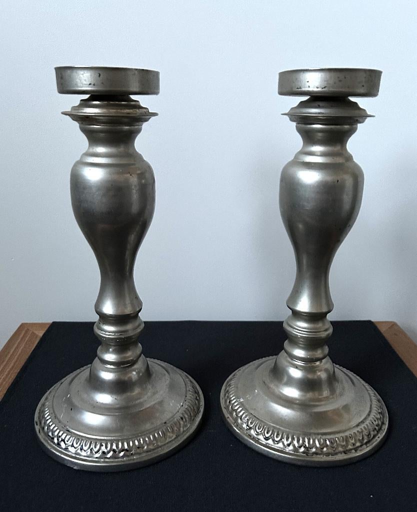2 Vintage Metalen Kandelaars, Antiek en Kunst, Antiek | Kandelaars, Ophalen of Verzenden, Overige materialen