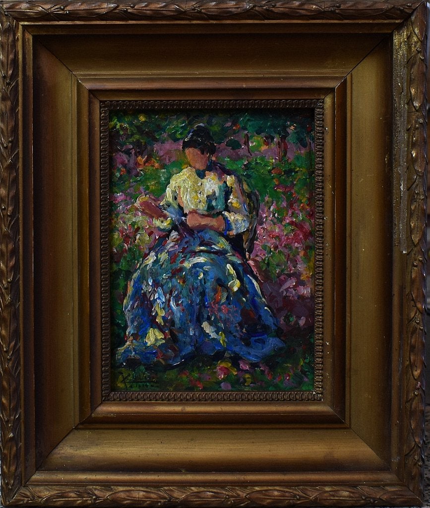 Femme travaillant dans un jardin ==Jean Colin., Portrait ou Personnes, Enlèvement ou Envoi, Peinture à l'huile, Panneau