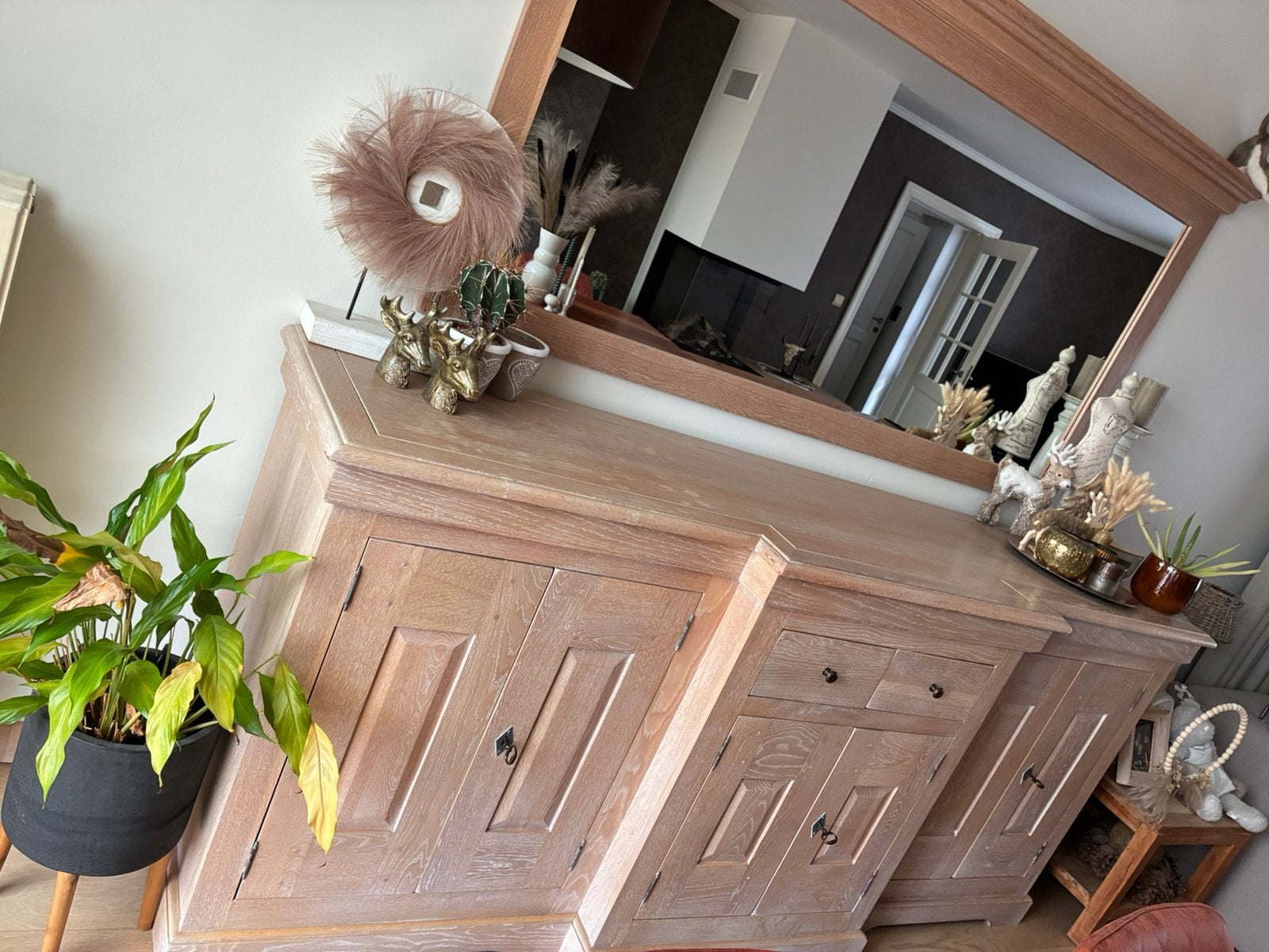 Dressoir, lichte eik 2m16 breed +spiegel, Huis en Inrichting, Ophalen, Zo goed als nieuw, Eikenhout, 200 cm of meer