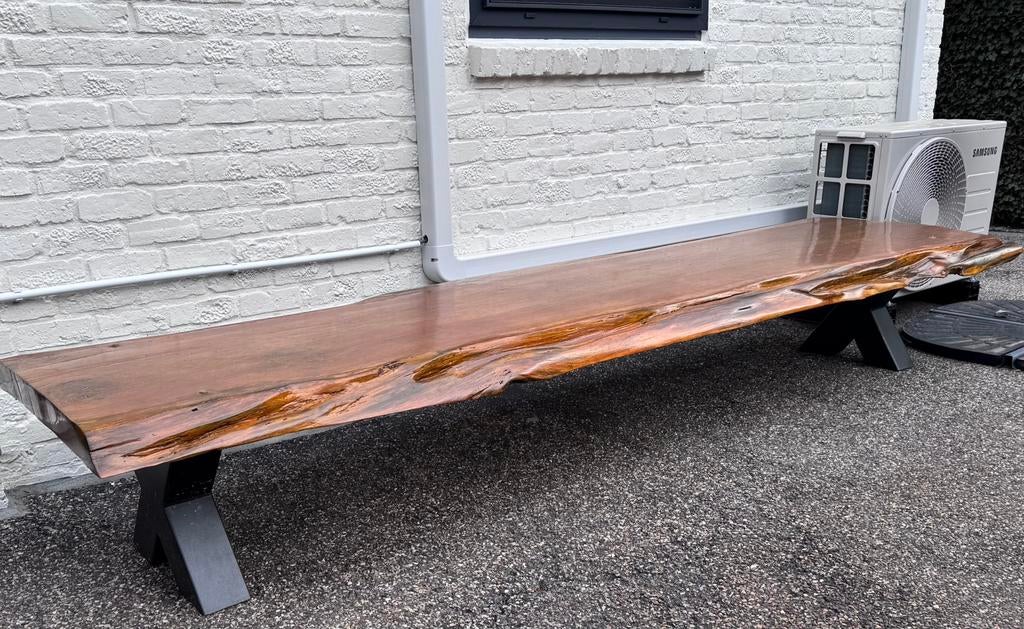 Massieve eiken boomstambank 2m95 design stuk, Tuin en Terras, Ophalen, Zo goed als nieuw