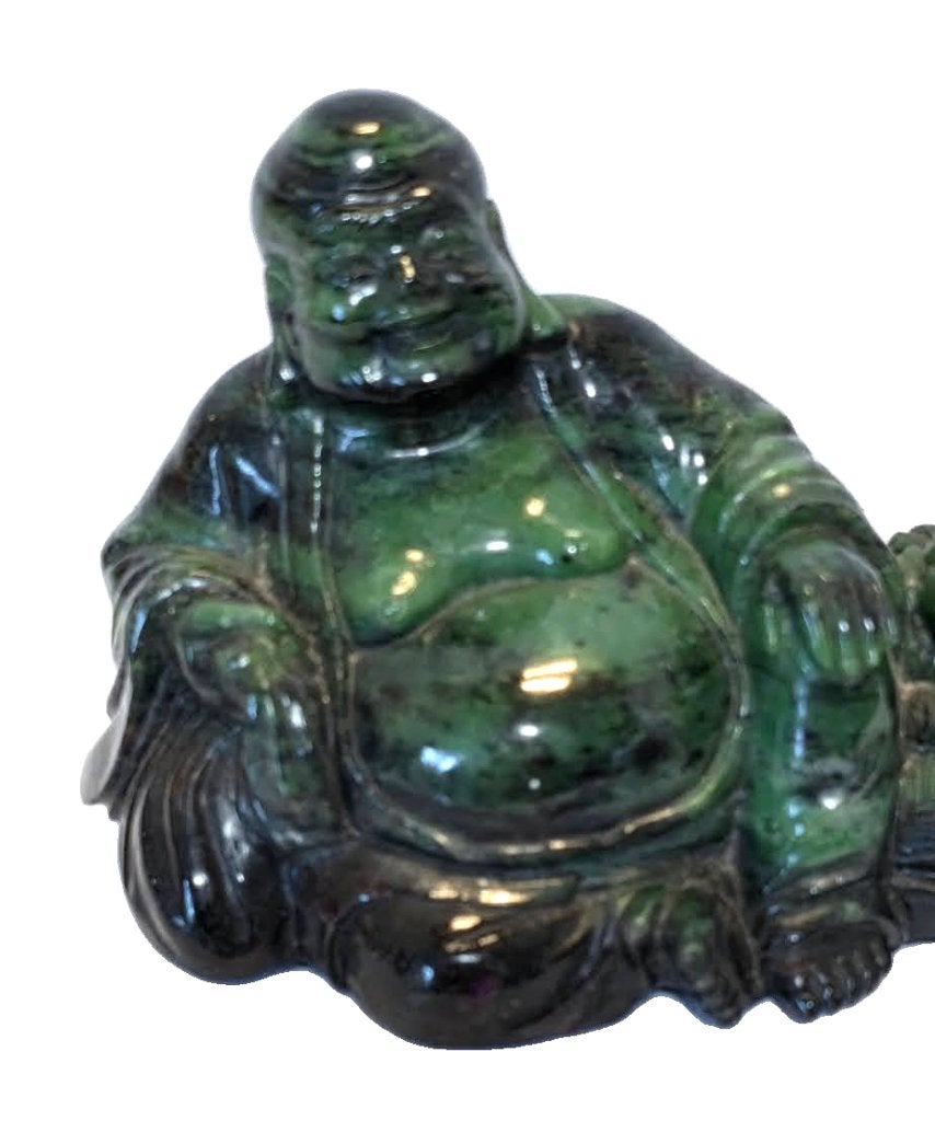 Boeddha met hond in donker groen Nephrite mineraal., Ophalen of Verzenden