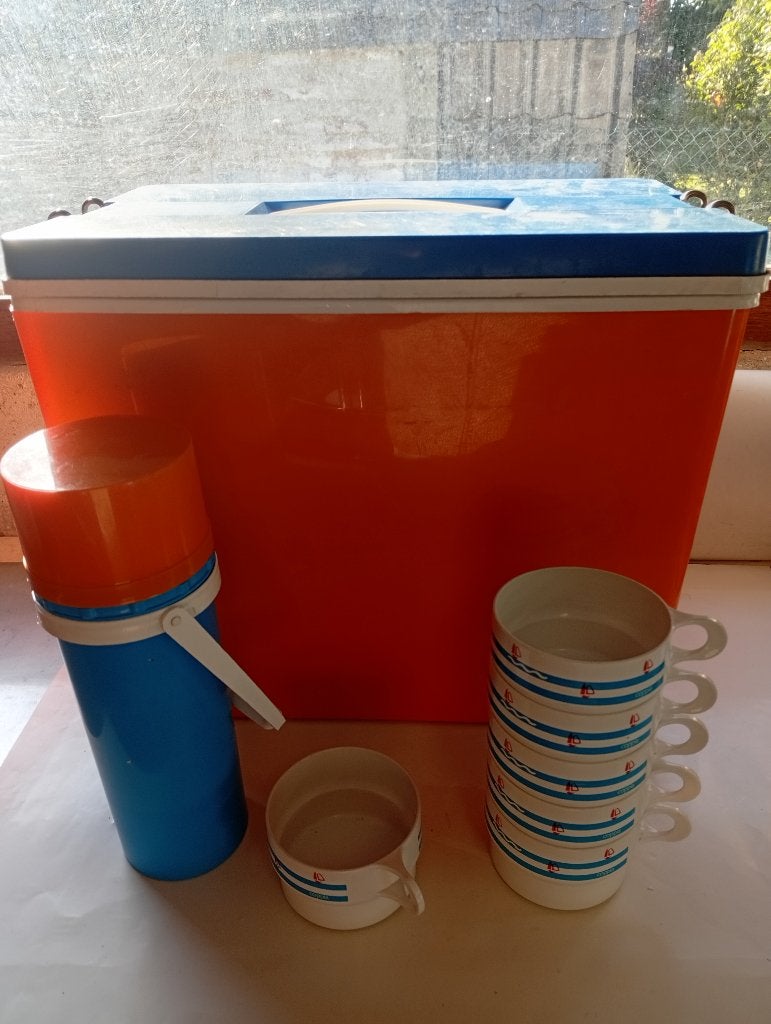 Camping Vintage COPPIA 70 oranje koelbox, thermoskan, mokken, Ophalen of Verzenden