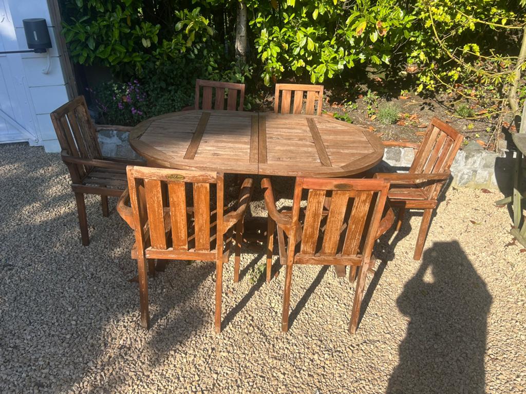 Table et 6 chaises teck Royal Harrow, Jardin & Terrasse, Enlèvement, Utilisé, Bois, 6 places