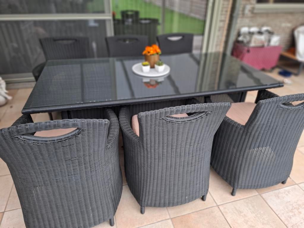 Tuintafel en 6 stoelen, Tuin en Terras, Ophalen, Zo goed als nieuw, Rechthoekig, Kunststof