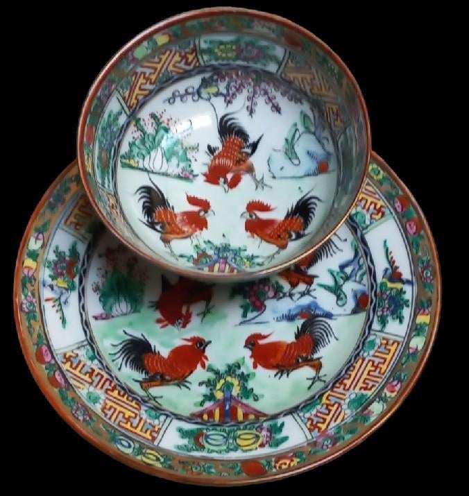 Chinees bord + kommetje met hanen., Ophalen of Verzenden