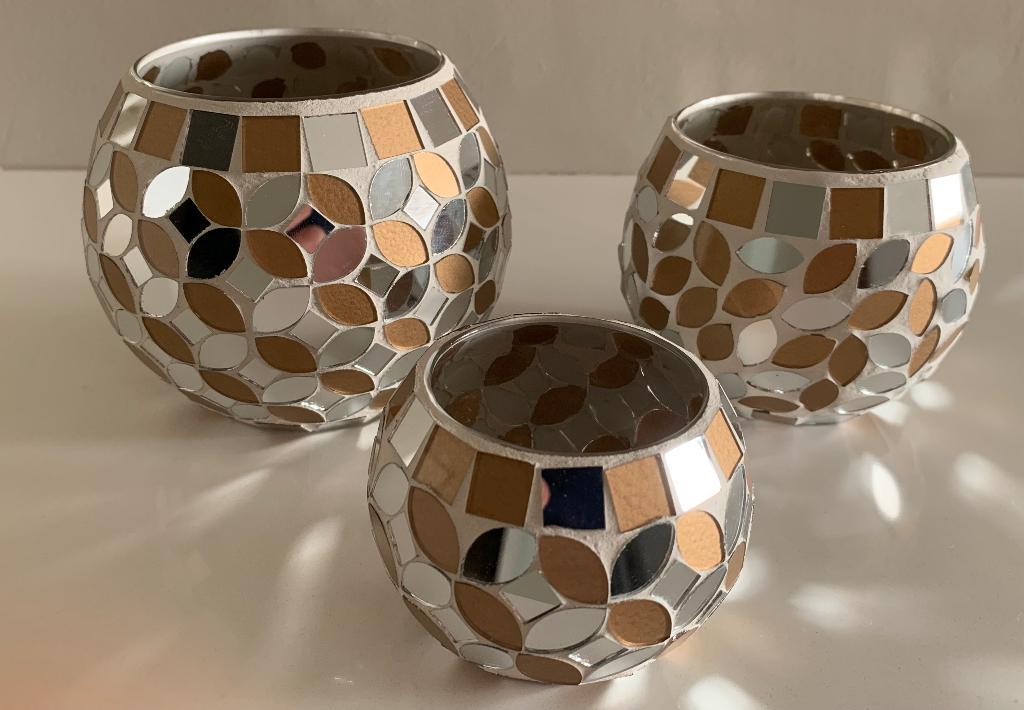 Lot de 3 photophores mosaïque neufs, Enlèvement, Neuf, Beige, Argent