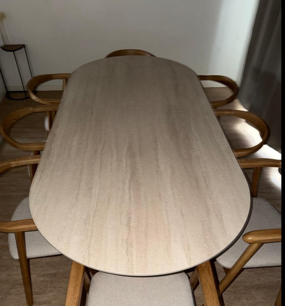 Tafel travertin, Huis en Inrichting, Ophalen, 100 tot 150 cm, Vijf personen of meer, Eikenhout