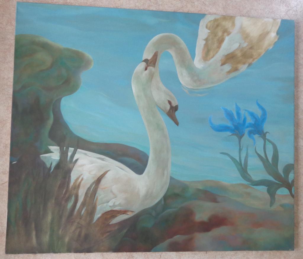 ONBEKEND / KOPPEL ZWANEN / OLIEVERF DOEK / 110x130cm CHASSIS, Enlèvement